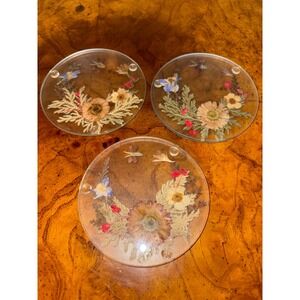 Vintage Dried Pressed Flowers Glass Coaster Set of 3 Botanical Floral 4 Inch